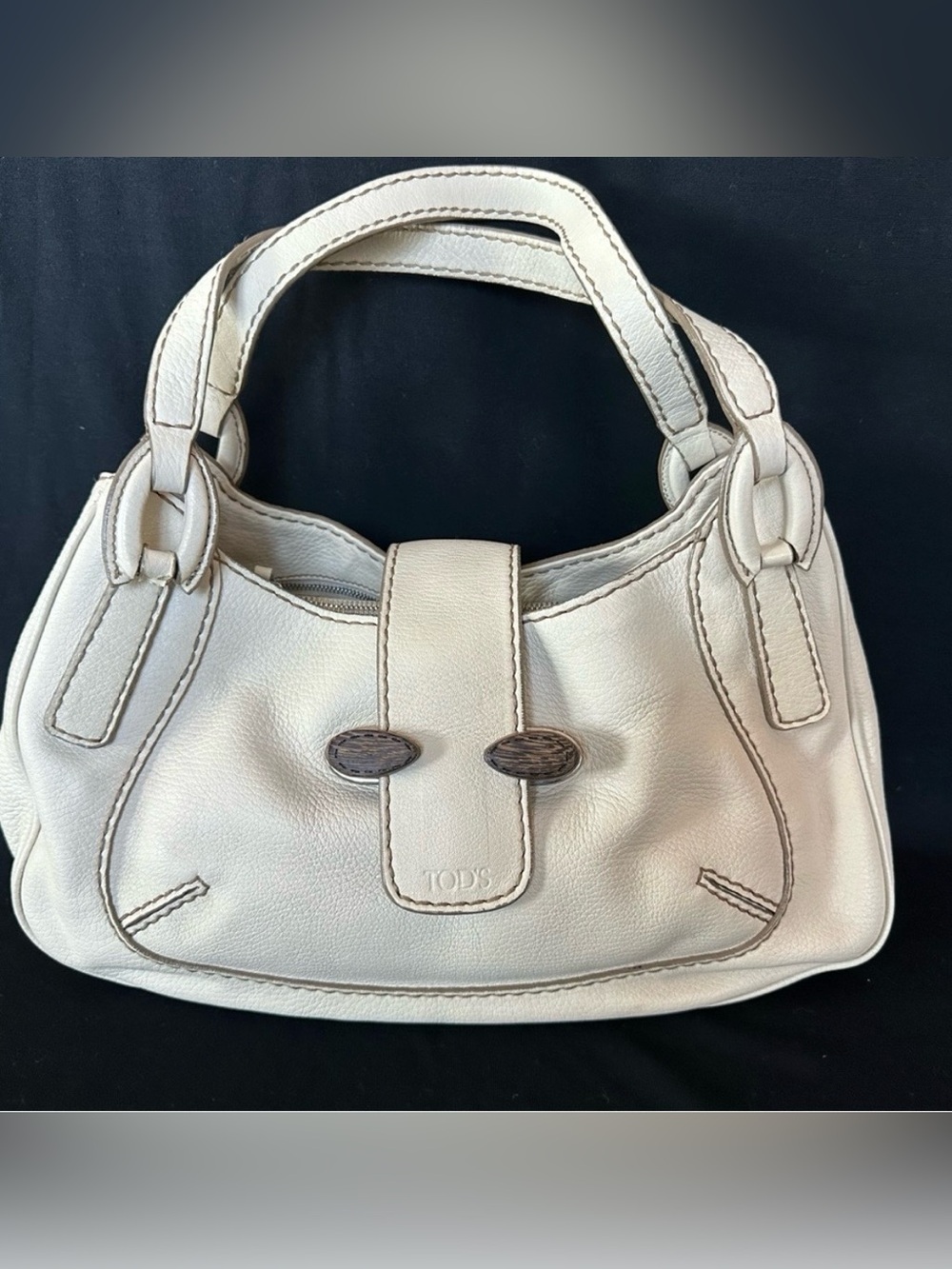 Tod's Cream Leather Shoulder Bag with Wood-Tone Accents